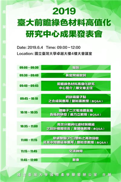 2019臺大前瞻綠色材料高值化研究中心成果發表會議程